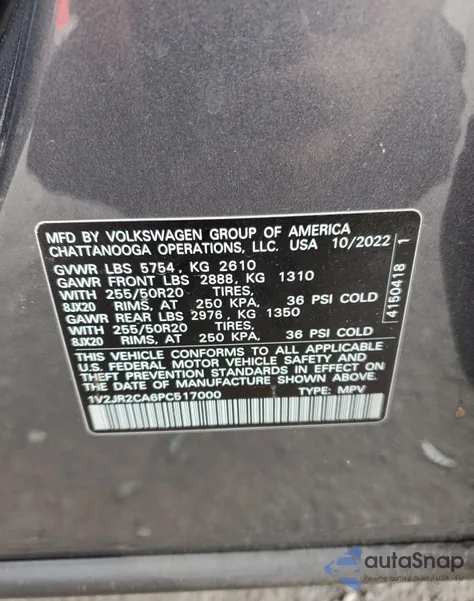 2023 Volkswagen Atlas Se z USA, uszkodzony, nr VIN 1V2JR2CA6PC517000